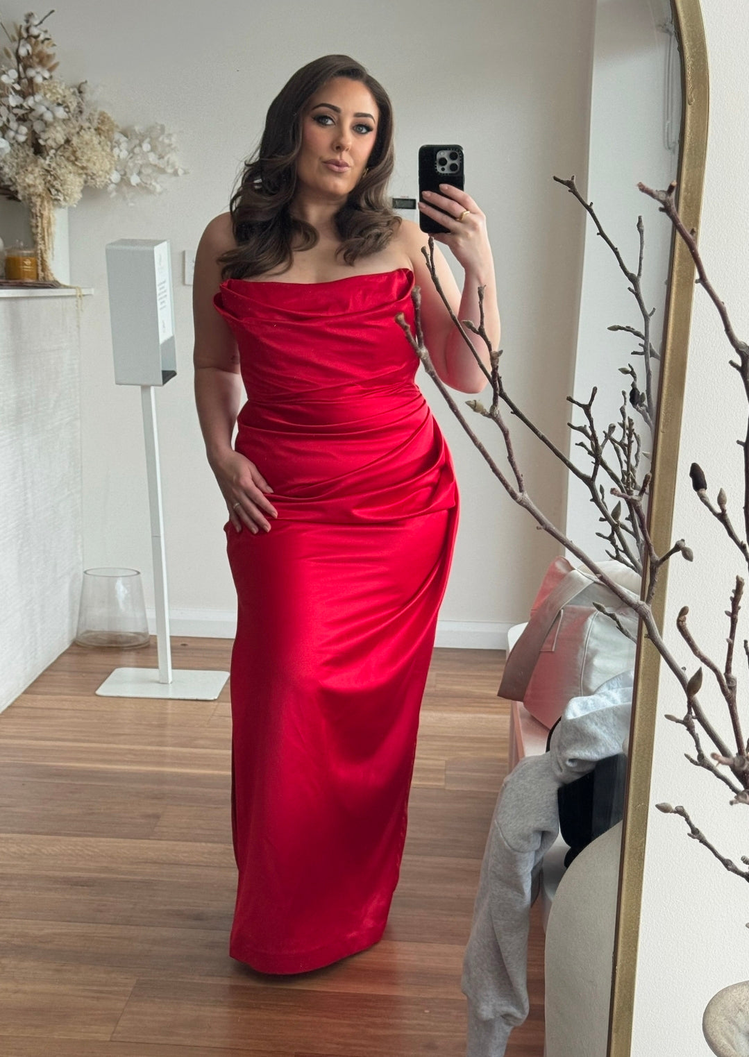 Hire HOUSE OF CB Adrienne Satin Strapless Gown in Scarlet Red