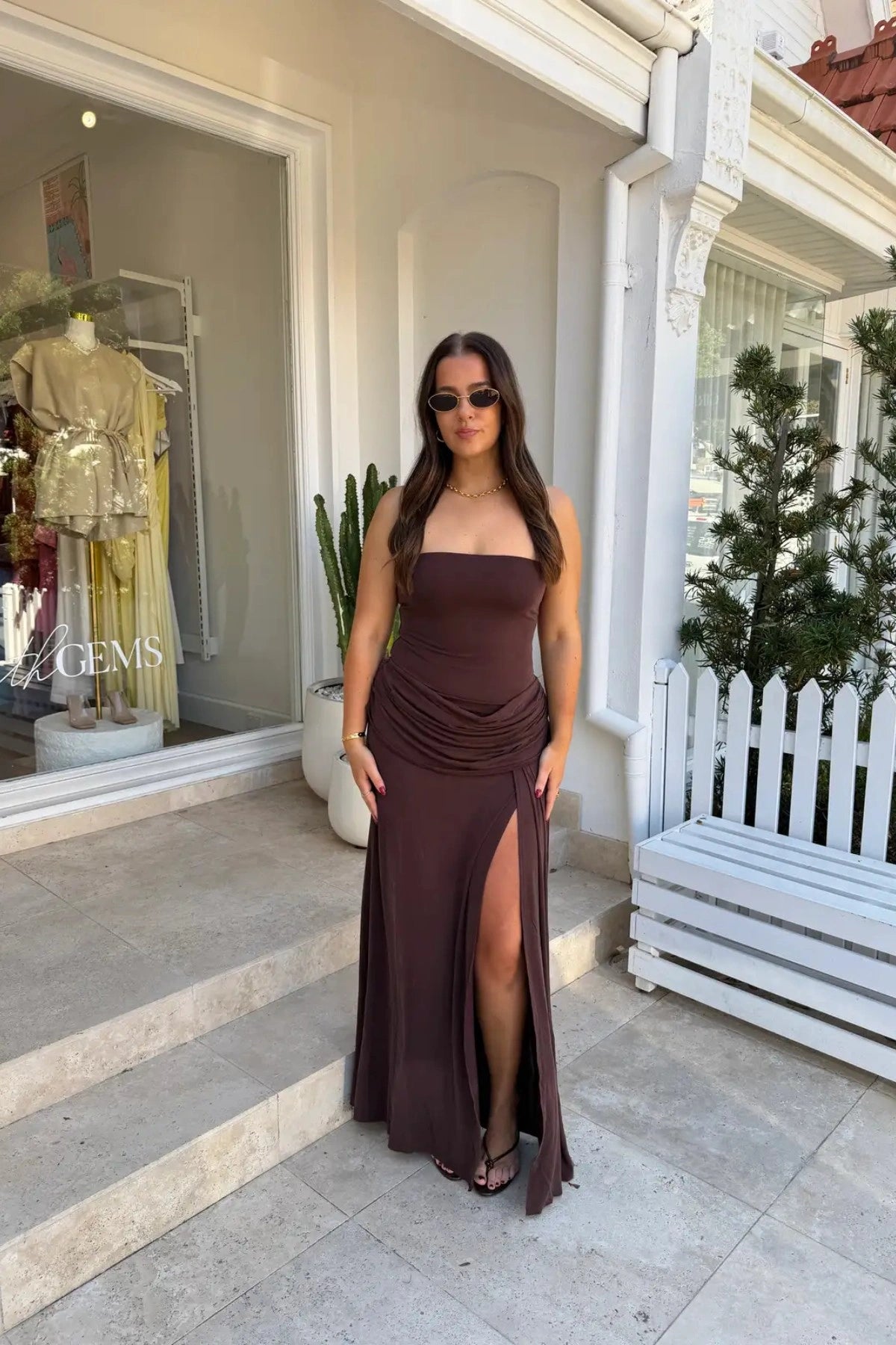 Hire SNEAKY LINK Bianca Strapless Maxi Dress in Chocolate Brown