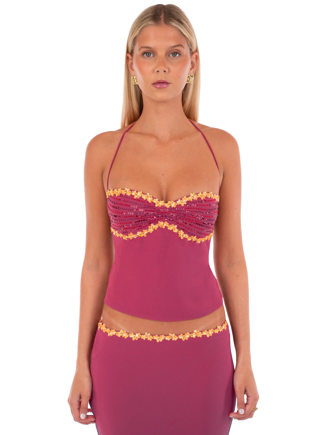 Hire I AM DELILAH. Jemima SET Midi Skirt and Halter Top in Wine Red