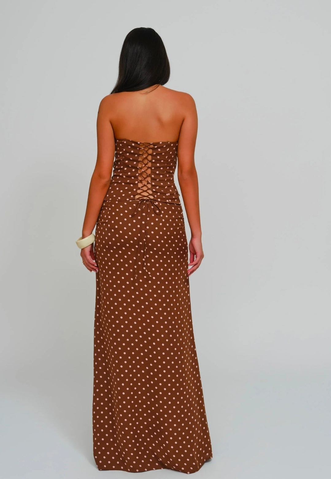 Hire DEAR FRANKIE Charlotte Set Maxi Skirt and Corset Top in Cocoa Brown