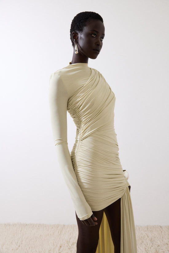 Hire DE LA VALI Ravenna Ravel Longsleeve Mini Dress in Ivory Buttercream Jersey