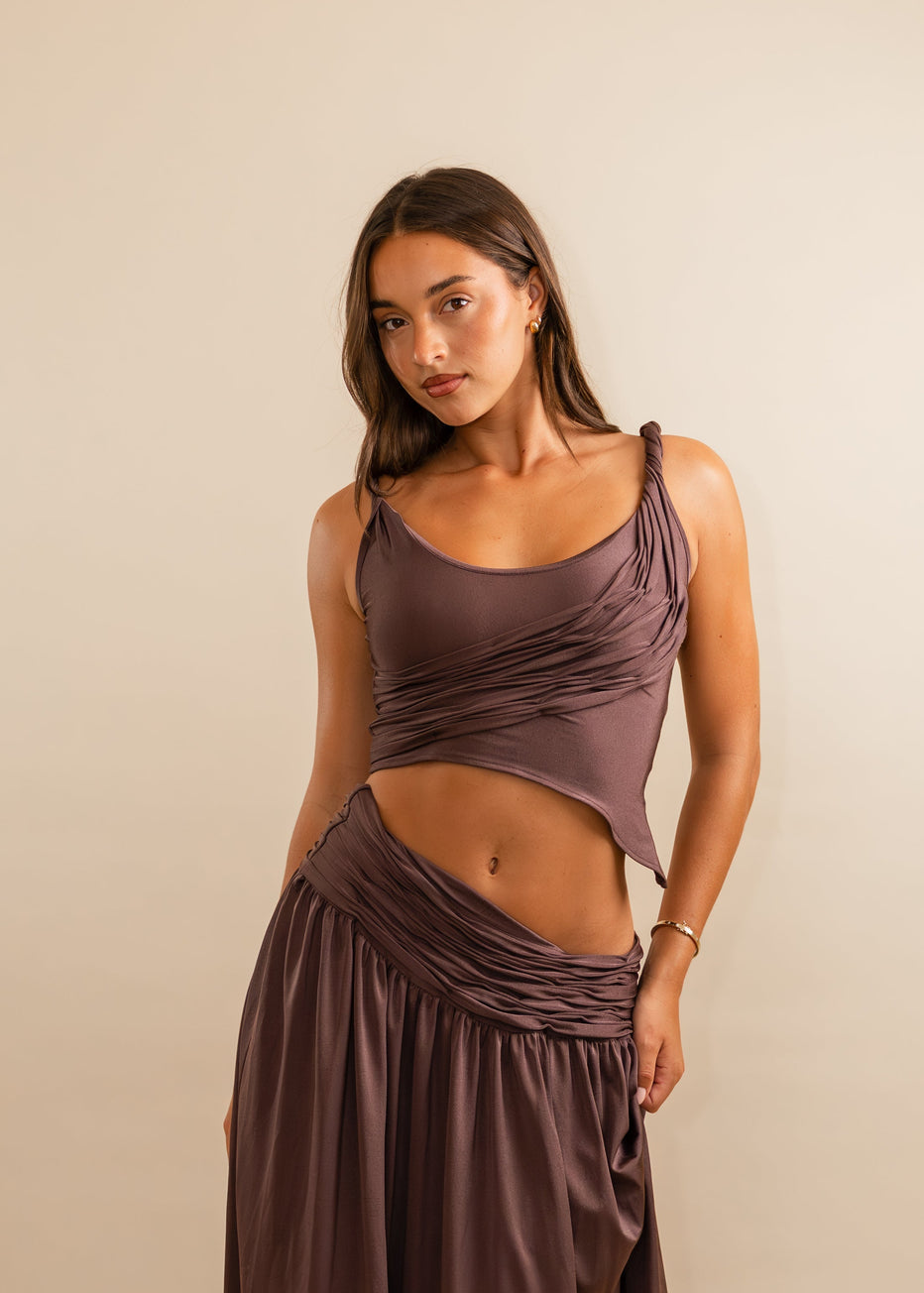Hire KOSTER KULTURE Set Calypso Maxi Skirt and Top in Plum Brown