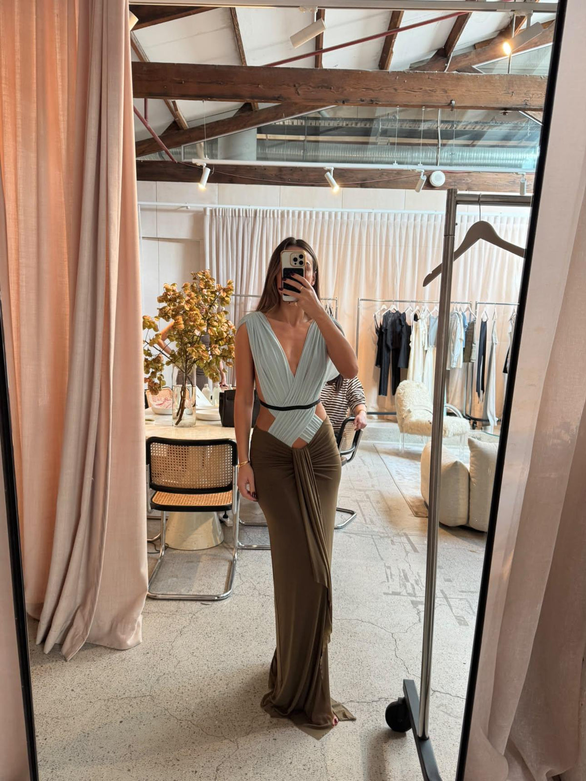 Hire BEC+BRIDGE Anaya V Maxi Dress in Mist Latte Black