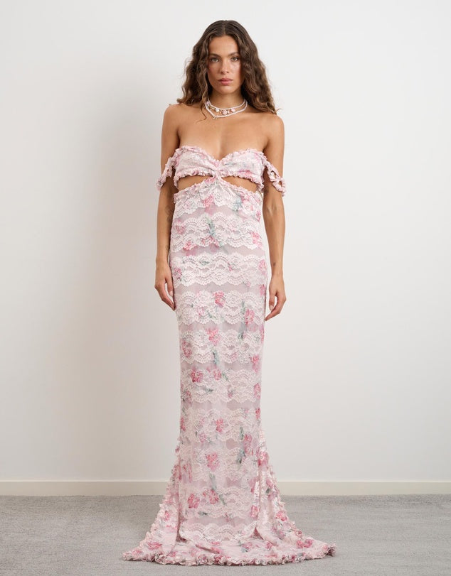 Hire DŽO Harper Maxi Dress in Pink Floral Lace
