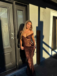 Hire NATALIE ROLT Aubrey Lace Dress in Chocolate Brown