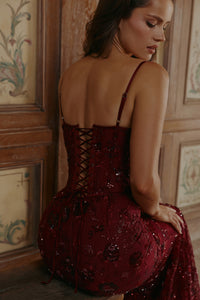 Hire HOUSE OF CB Naima
wine hand beaded embellished corset maxi dress - limited edition
