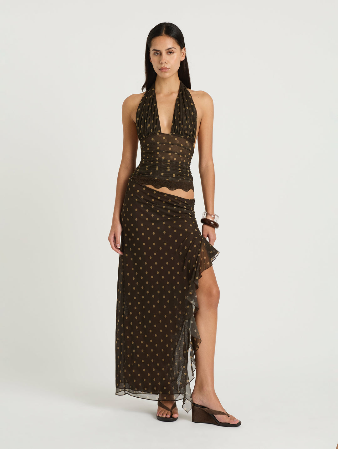 Hire BENNI Penelope Halter Maxi Dress in Espresso Polka Dot