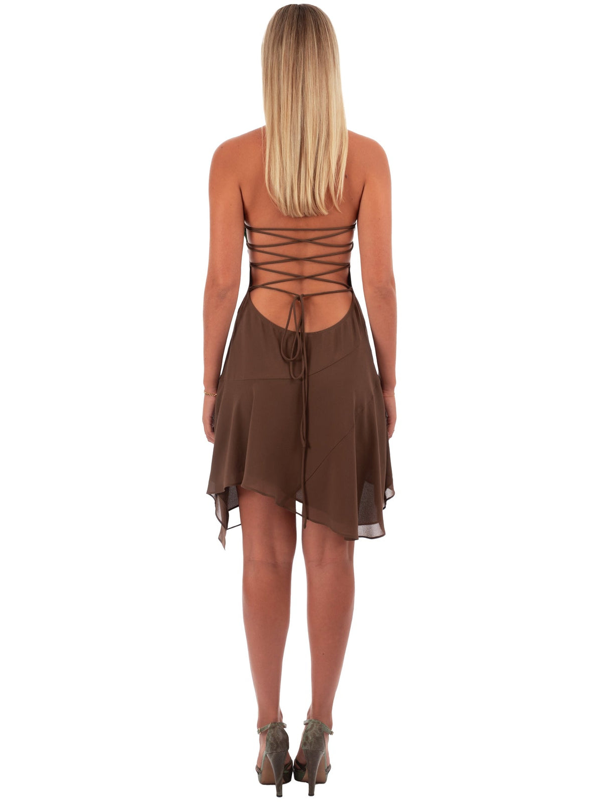 Hire I AM DELILAH. Ophelia Mini Dress in Mocha Brown Blue