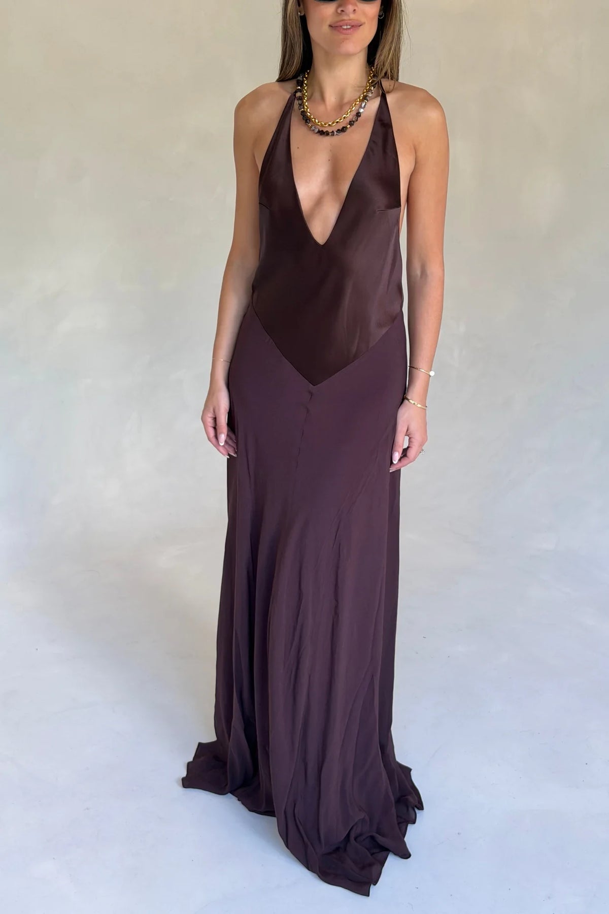 Hire SNEAKY LINK Jaz Hand V-Neck Maxi Dress in Chocolate Brown