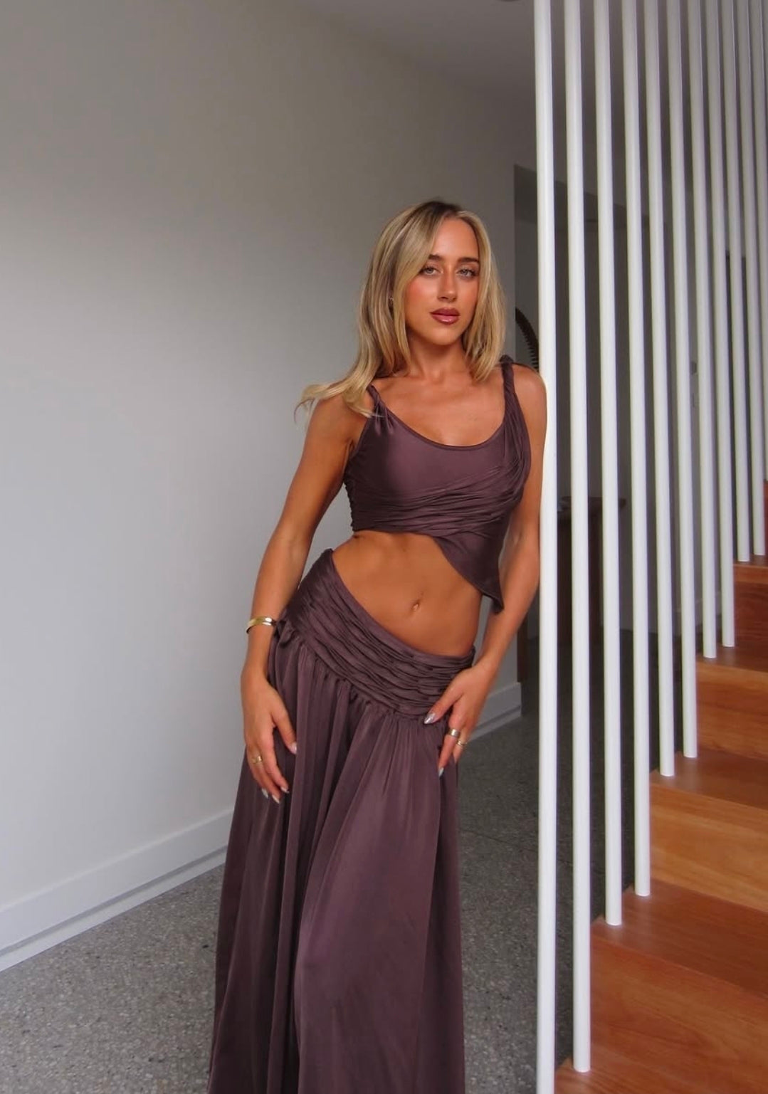 Hire KOSTER KULTURE Set Calypso Maxi Skirt and Top in Plum Brown