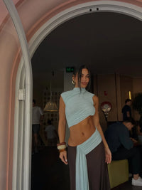 Hire BEC+BRIDGE Conni Asym Midi Dress in Arctic Blue/ Dark Chocolate Brown