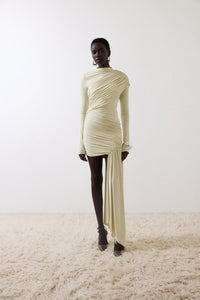 Hire DE LA VALI Ravenna Ravel Longsleeve Mini Dress in Ivory Buttercream Jersey
