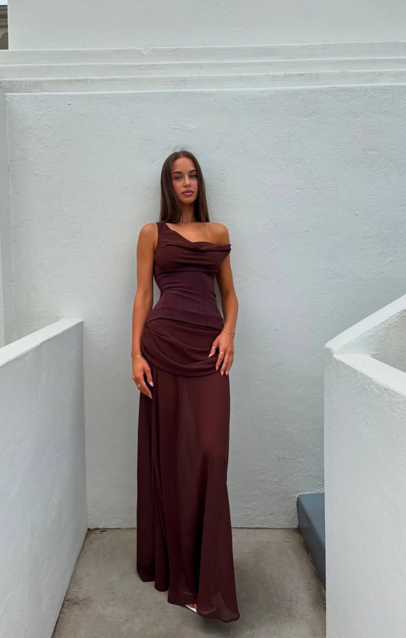 natalie rolt brown dress Hire NATALIE ROLT Cadence Gown in Espresso Brown – SUSTAINABLY. The Dress  Hire