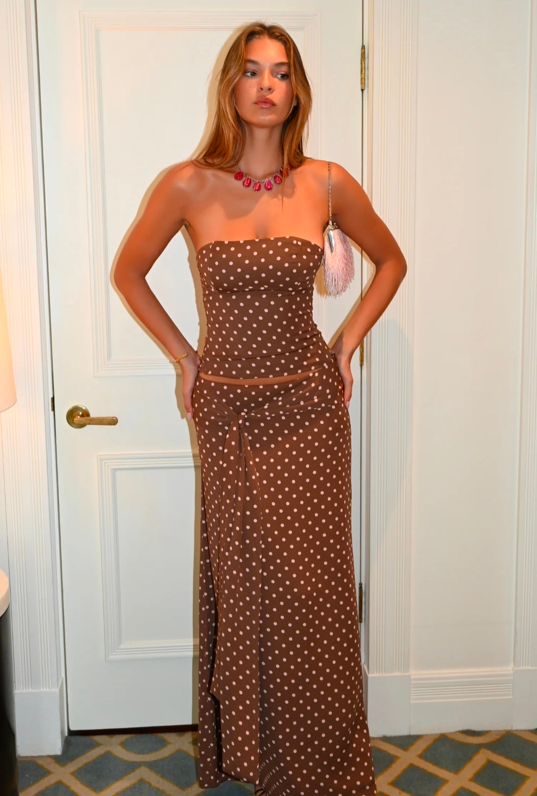 Hire DEAR FRANKIE SABELLE Charlotte Set Maxi Skirt and Corset Top in Cocoa Brown