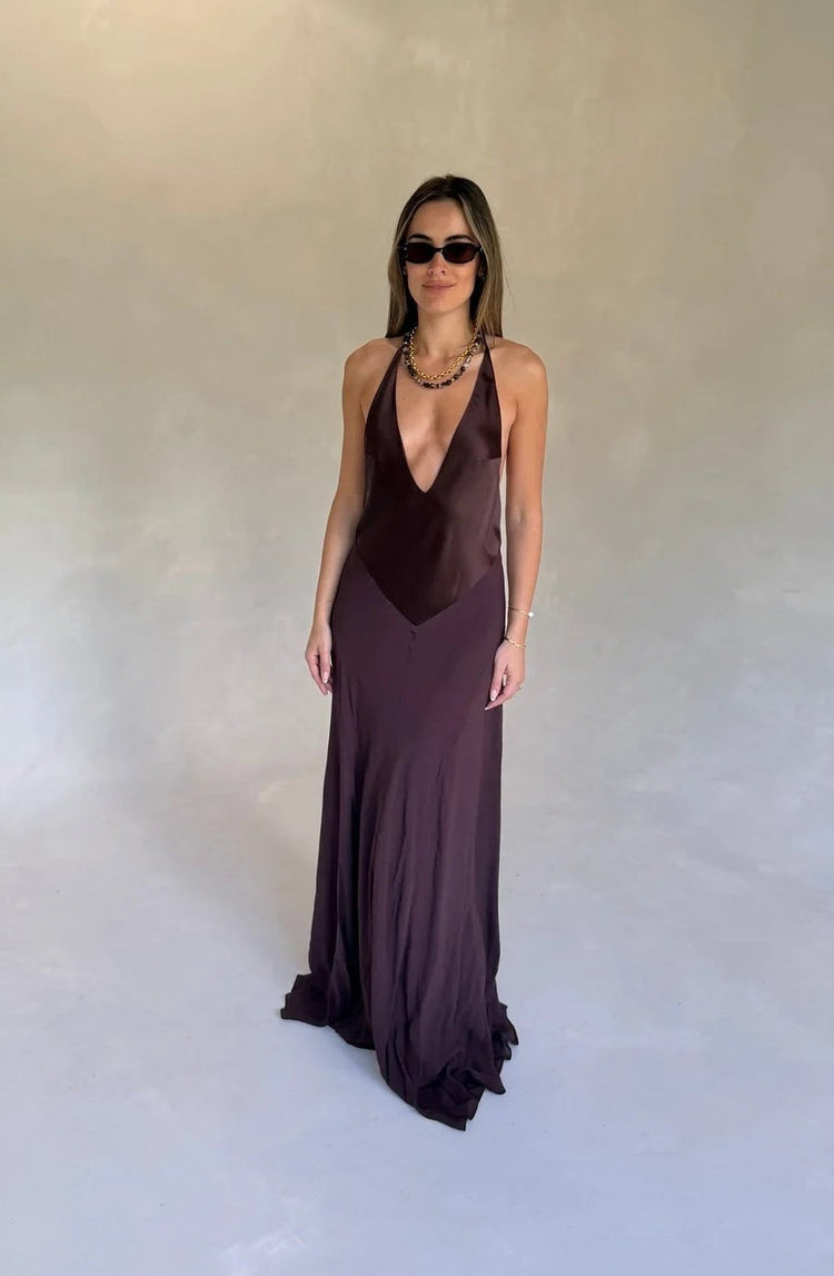 Hire SNEAKY LINK Jaz Hand V-Neck Maxi Dress in Chocolate Brown
