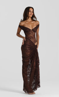 Hire NATALIE ROLT Aubrey Lace Dress in Chocolate Brown