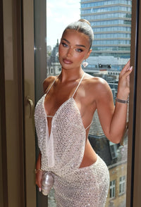 Hire SYDNEY LANE Crystal Sequin Top/Maxi Skirt Set in Diamond Semi Sheer
