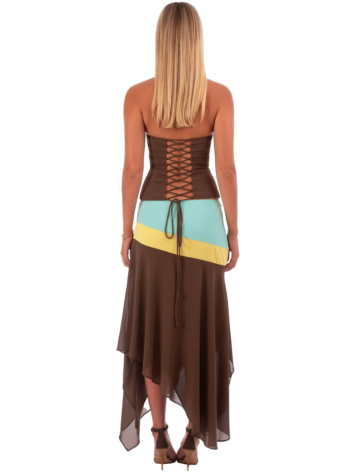 Hire I AM DELILAH. Iris SET Midi Skirt and Corset Top in Mocha Brown Blue