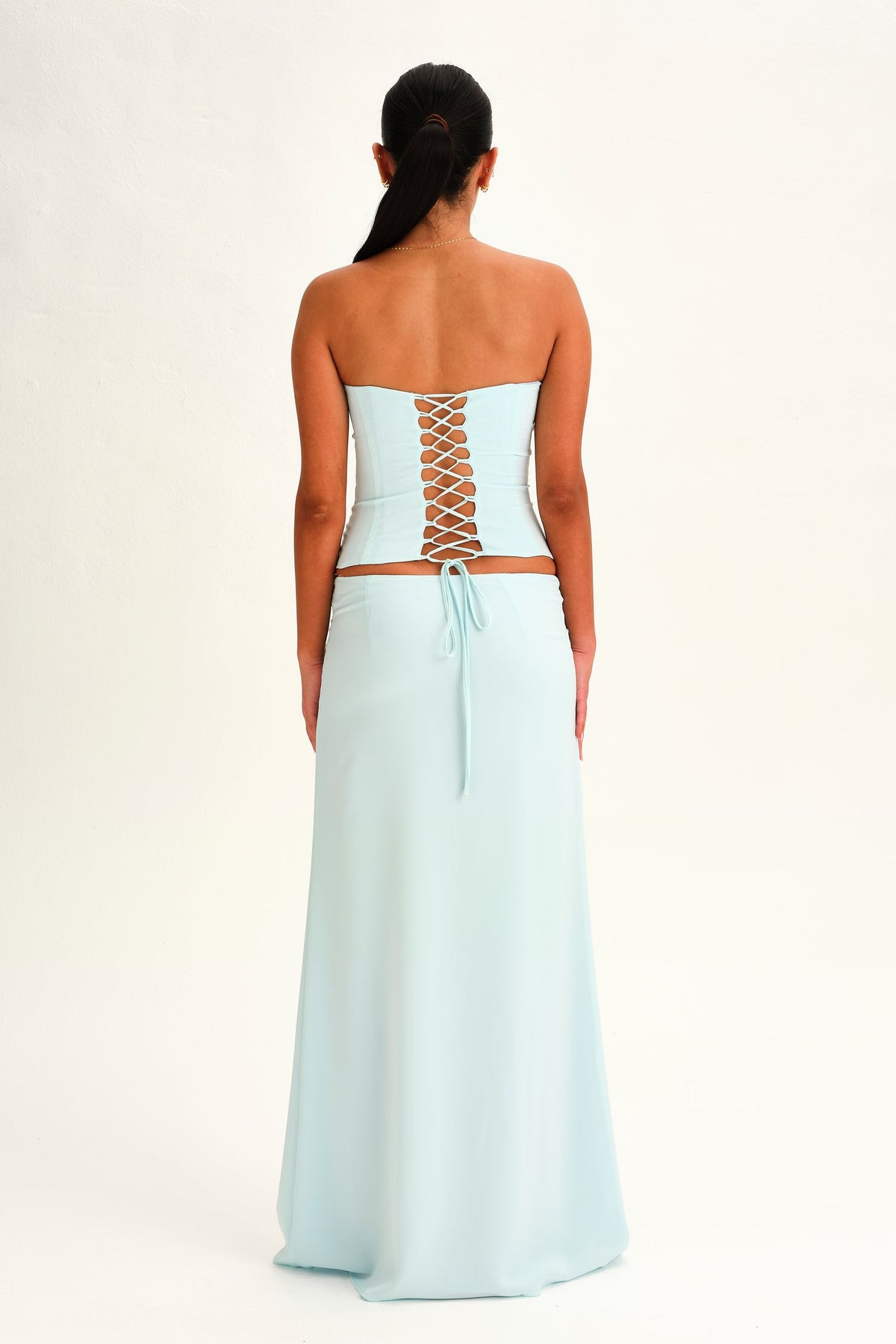 Hire DEAR FRANKIE SABELLE Charlotte Set Maxi Skirt and Corset Top in Mist Blue