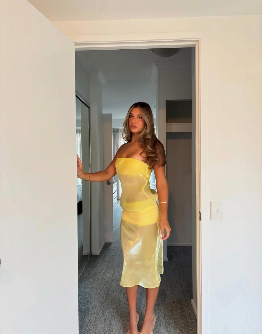 Hire MODE MISCHIEF Melt Panel Dress in Limoncello Yellow (midi length)