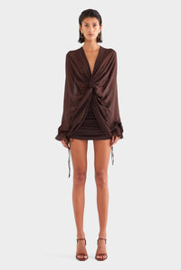 Hire VENROY Twisted Bodice Silk Mini Dress in Chocolate Brown