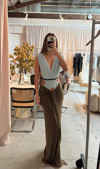 Hire BEC+BRIDGE Anaya V Maxi Dress in Mist Latte Black