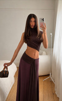 Hire BEC+BRIDGE Conni Asym Midi Dress in Aubergine/ Dark Chocolate Brown
