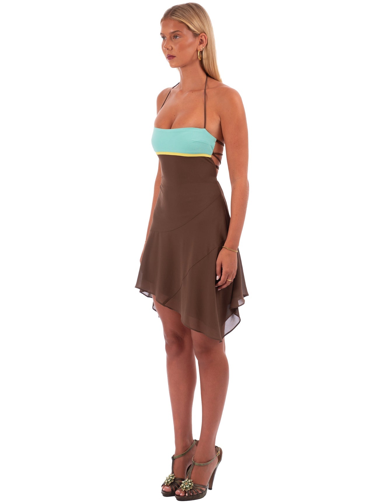 Hire I AM DELILAH. Ophelia Mini Dress in Mocha Brown Blue