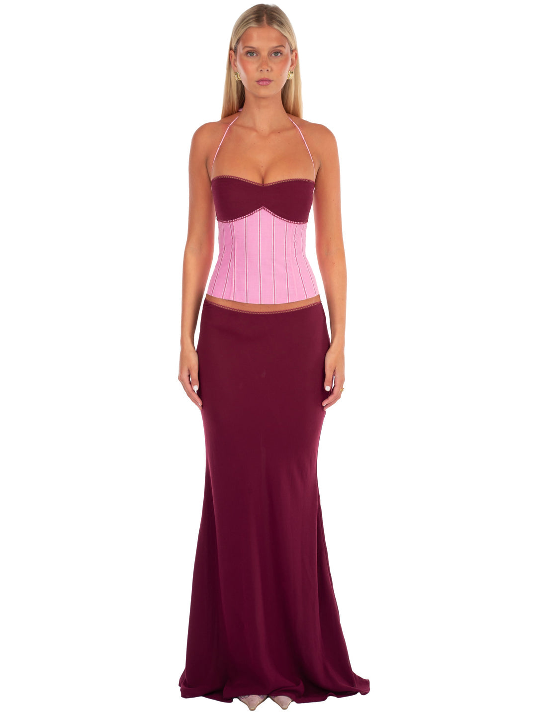 Hire I AM DELILAH. Angelina SET Maxi Skirt and Corset Top in Sangria Pink