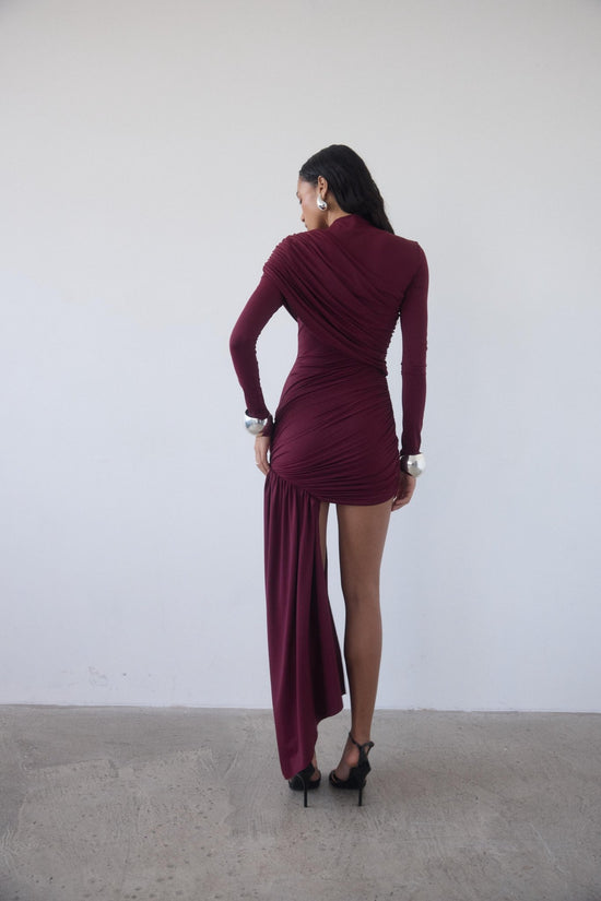 Hire DE LA VALI Ravenna Ravel Longsleeve Mini Dress in Earth Wine Red