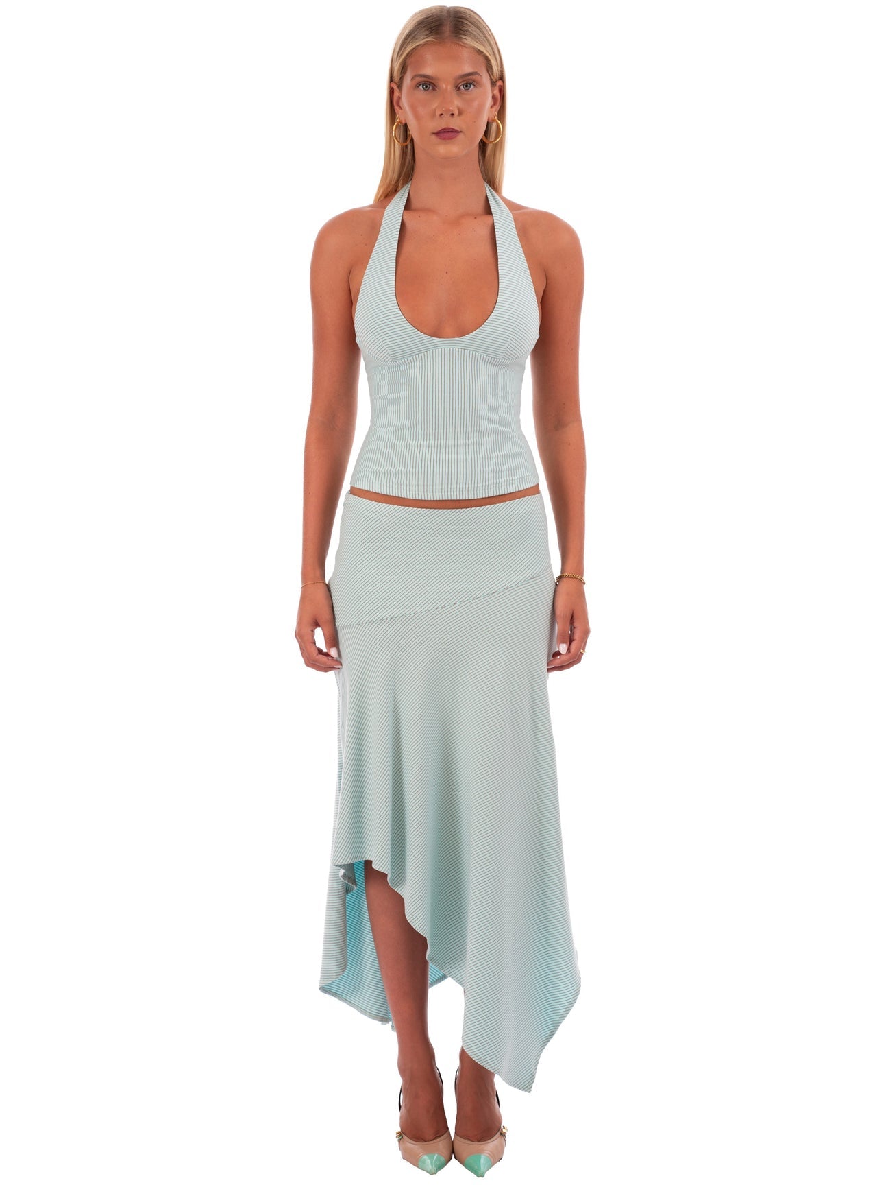Hire I AM DELILAH. Yasmin SET Midi Skirt and Halter Top in Mint Blue
