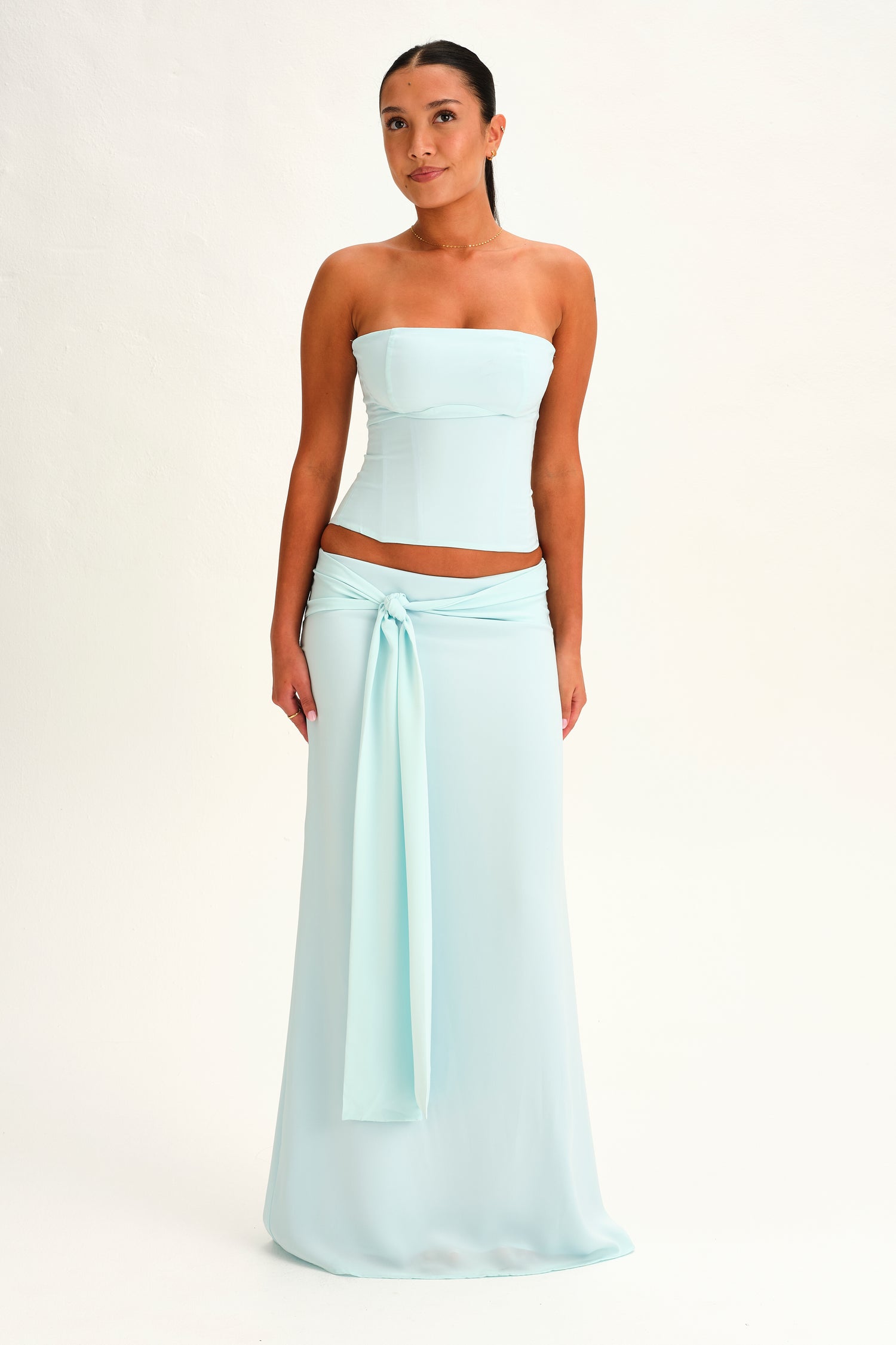 Hire DEAR FRANKIE SABELLE Charlotte Set Maxi Skirt and Corset Top in Mist Blue