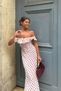 Hire REALISATION PAR The Claudia Maxi Dress in Super Dot White Red – SUSTAINABLY. The Dress Hire