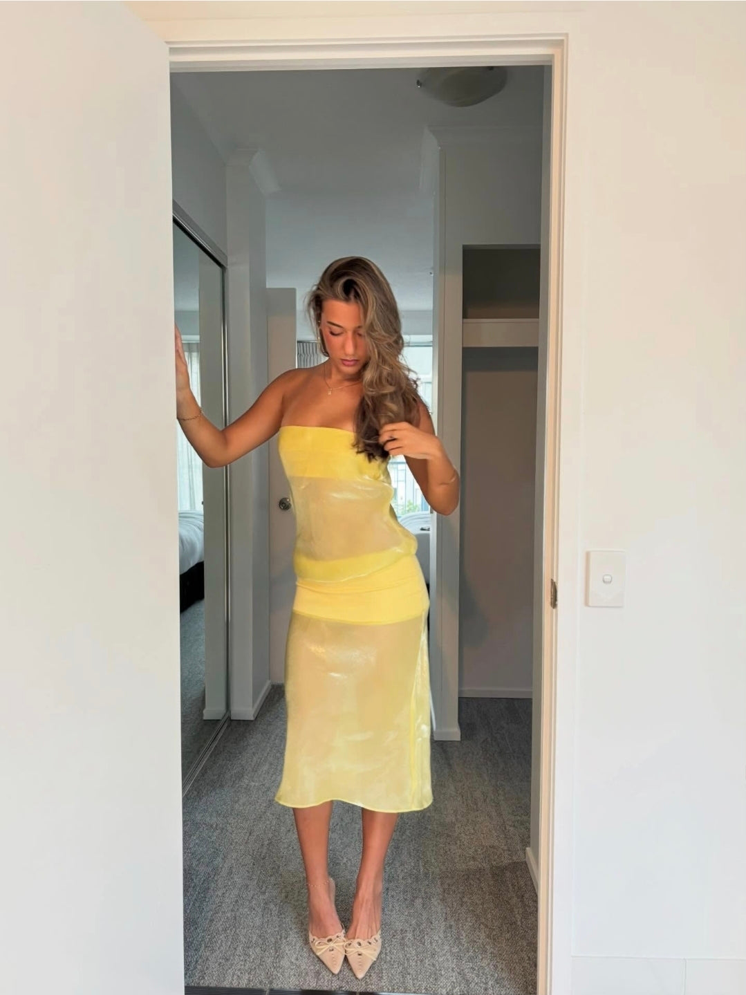 Hire MODE MISCHIEF Melt Panel Dress in Limoncello Yellow (midi length)