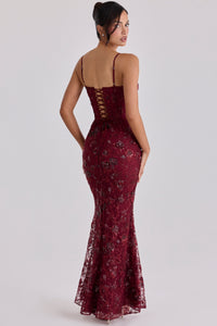 Hire HOUSE OF CB Naima
wine hand beaded embellished corset maxi dress - limited edition