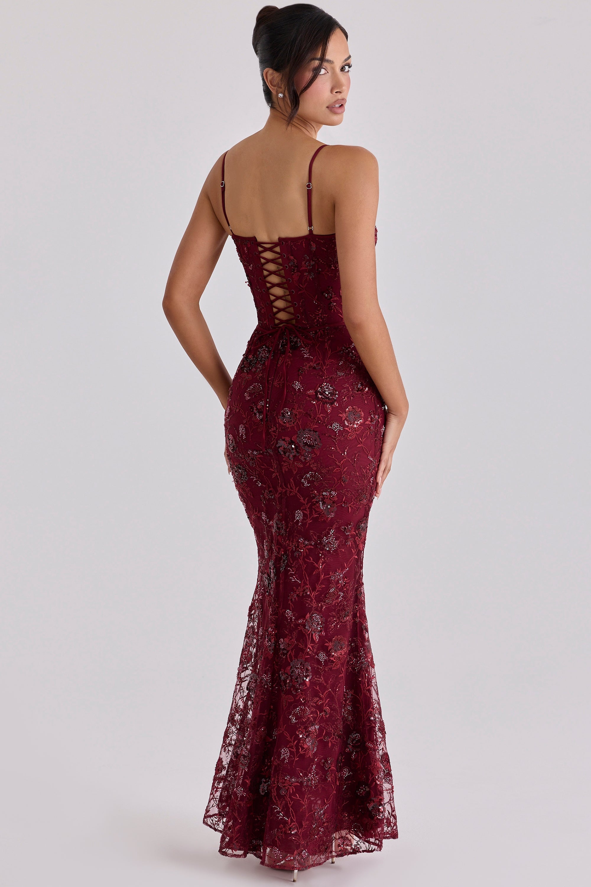 Hire HOUSE OF CB Naima
wine hand beaded embellished corset maxi dress - limited edition