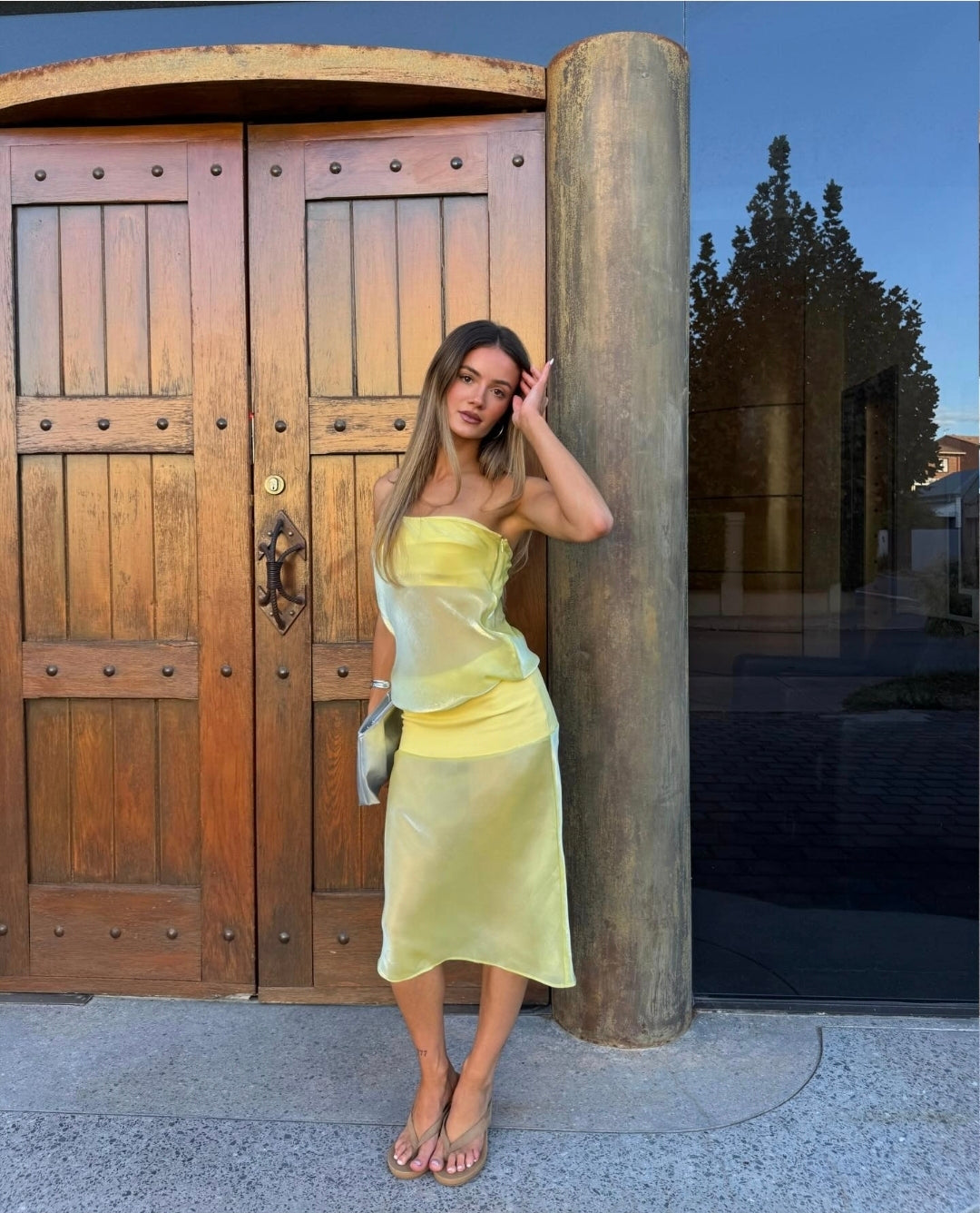 Hire MODE MISCHIEF Melt Panel Dress in Limoncello Yellow (midi length)