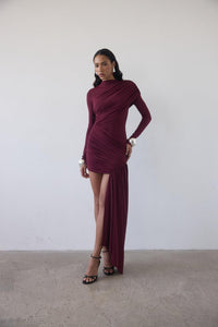 Hire DE LA VALI Ravenna Ravel Longsleeve Mini Dress in Earth Wine Red