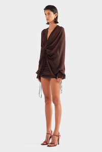 Hire VENROY Twisted Bodice Silk Mini Dress in Chocolate Brown