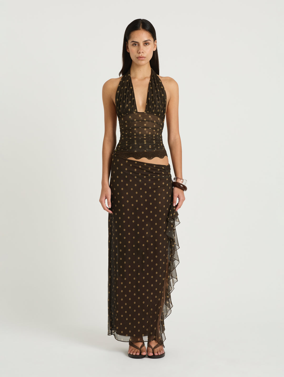 Hire BENNI Penelope Halter Maxi Dress in Espresso Polka Dot