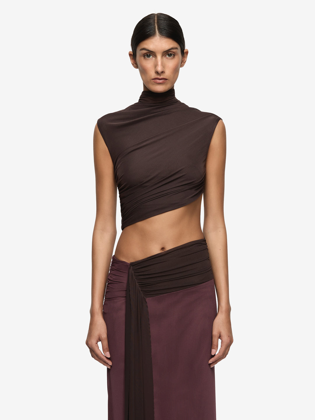 Hire BEC+BRIDGE Conni Asym Midi Dress in Aubergine/ Dark Chocolate Brown