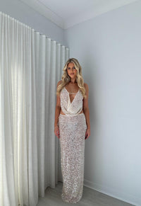 Hire SYDNEY LANE Crystal Sequin Top/Maxi Skirt Set in Diamond Semi Sheer