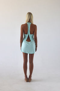 Hire SOLAMUSA Angelina Mini Dress in Aqua Blue