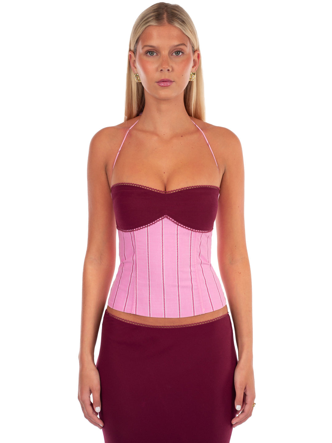 Hire I AM DELILAH. Angelina SET Maxi Skirt and Corset Top in Sangria Pink
