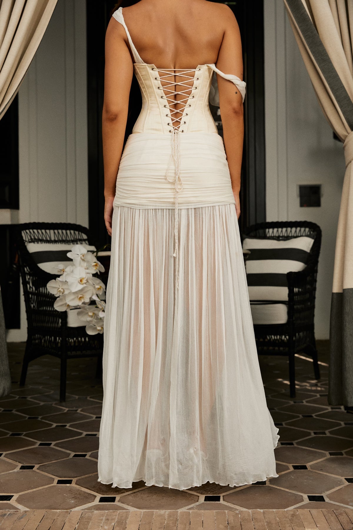 Hire SANEA Set Sita Maxi Skirt and Saneha Silk Corset Top in Ivory Ecru