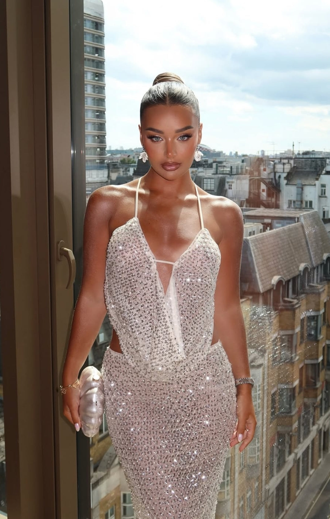 Hire SYDNEY LANE Crystal Sequin Top/Maxi Skirt Set in Diamond Semi Sheer