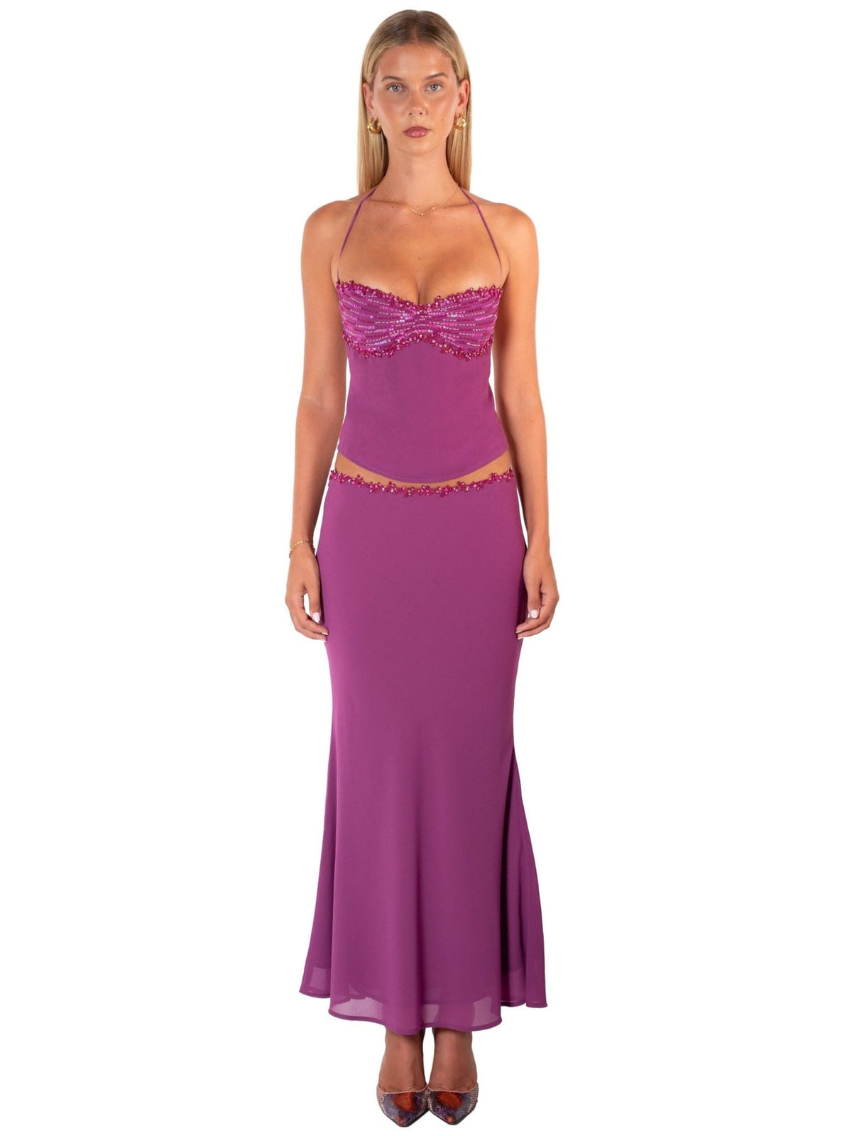Hire I AM DELILAH. Jemima SET Midi Skirt and Halter Top in Berry