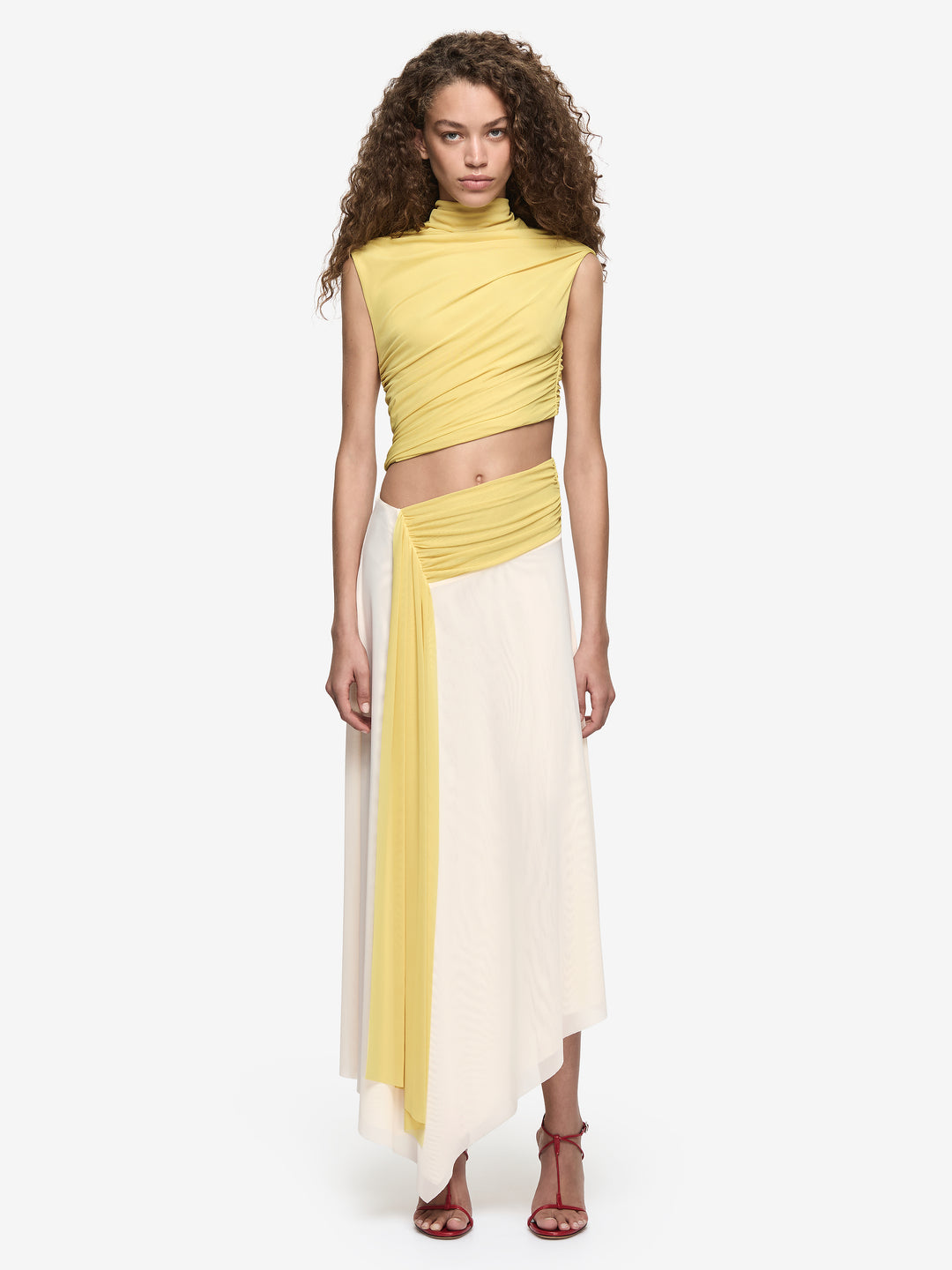 Hire BEC+BRIDGE Conni Asym Midi Dress in Citron / Buttercream Yellow Ivory