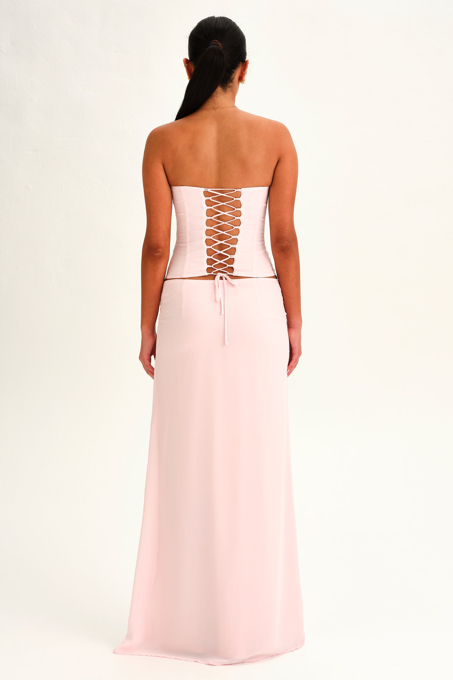 Hire DEAR FRANKIE SABELLE Charlotte Set Maxi Skirt and Corset Top in Ballerina Pink
