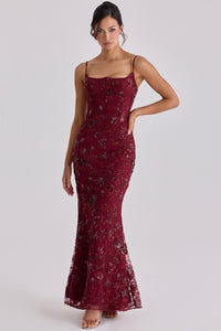 Hire HOUSE OF CB Naima
wine hand beaded embellished corset maxi dress - limited edition